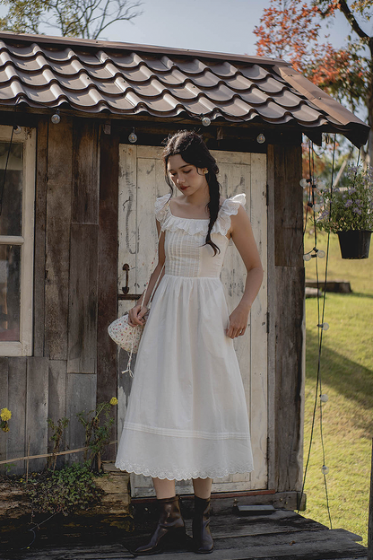 Clover Broderie Square Ruffle Dress (White)
