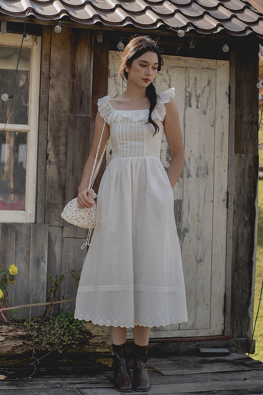Clover Broderie Square Ruffle Dress (White)