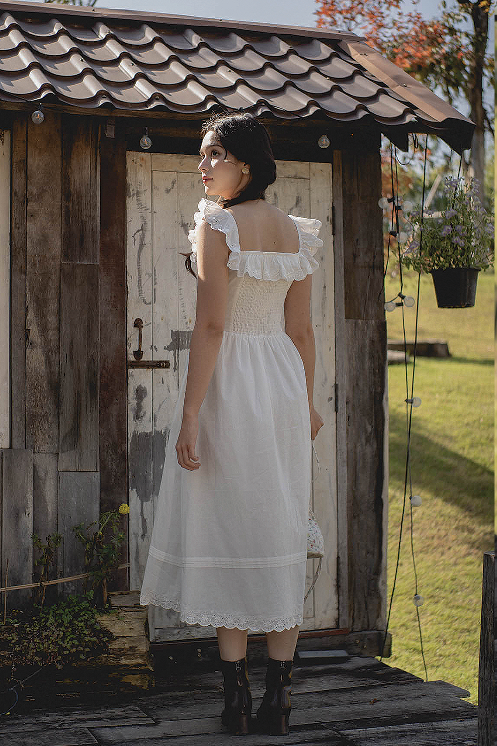 Clover Broderie Square Ruffle Dress (White)
