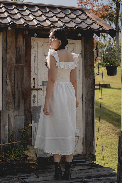 Clover Broderie Square Ruffle Dress (White)