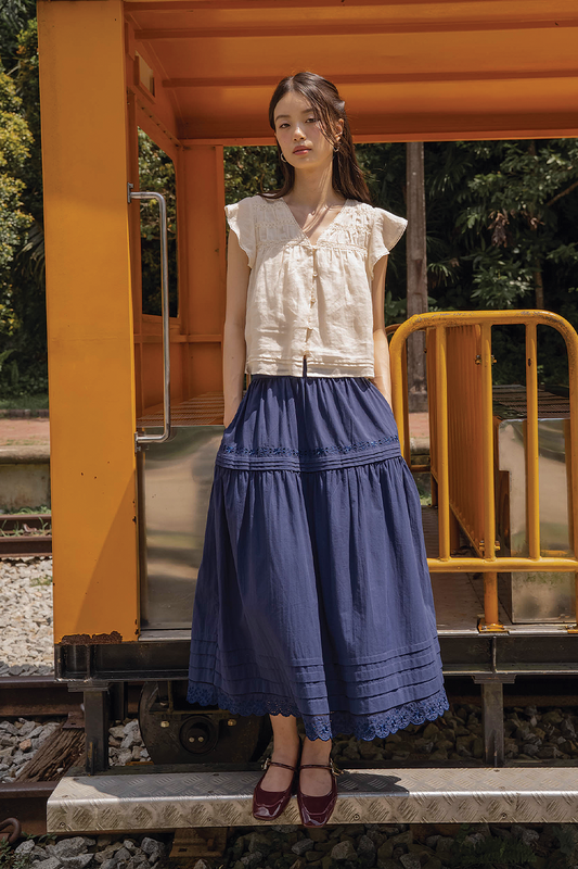 Clover Broderie Maxi Skirt (Navy)