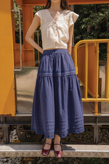Clover Broderie Maxi Skirt (Navy)