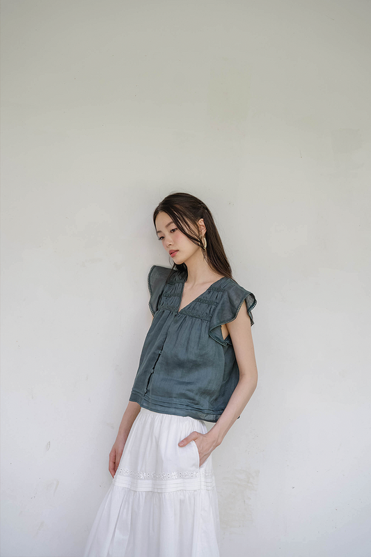 (Pre-order) Floret Flutter Blouse (Midnight Teal)