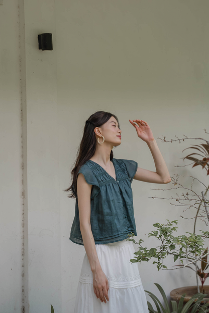 Floret Flutter Blouse (Midnight Teal)