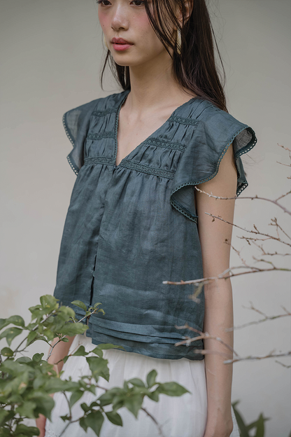 Floret Flutter Blouse (Midnight Teal)