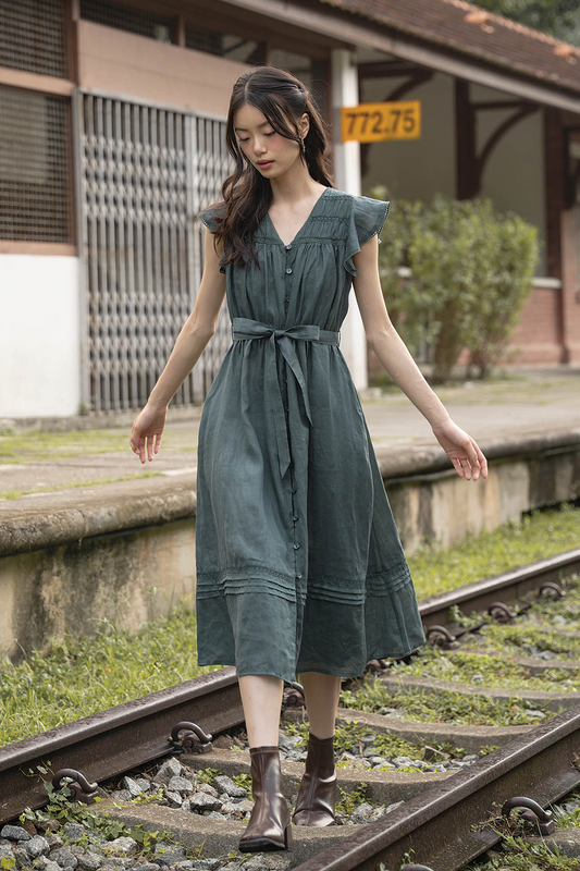 Floret Flutter Dress (Midnight Teal)