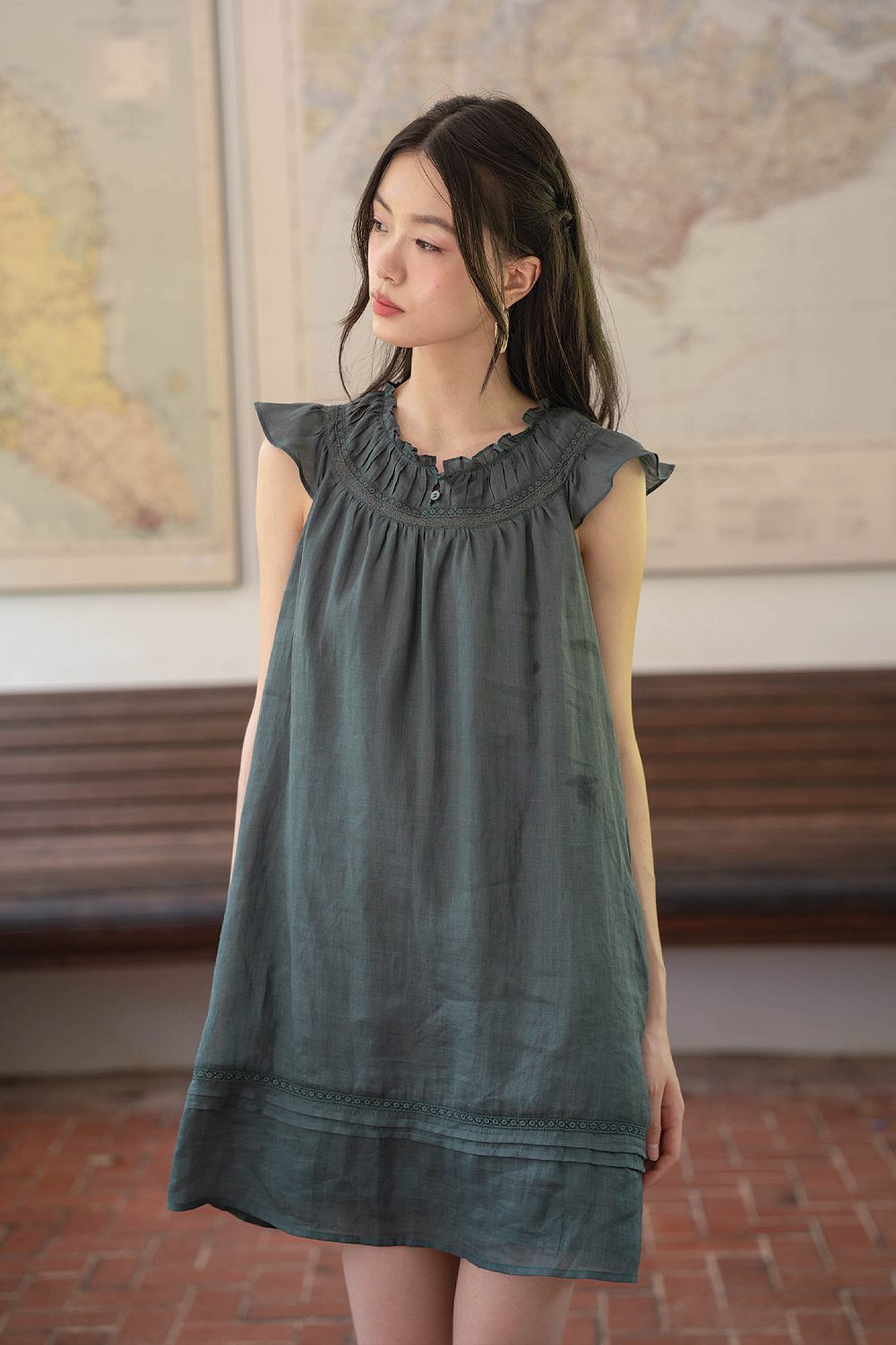 Floret Gathered Dress (Midnight Teal)