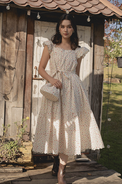Poppies Scallop Hem Dress (Vibrant Blue)