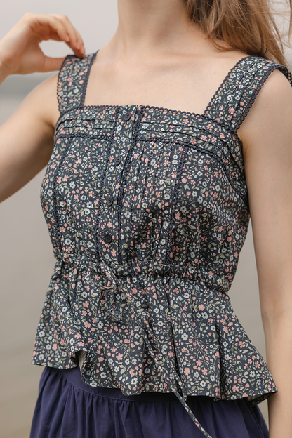 Bloom Pintuck Drawstring Top (Navy)