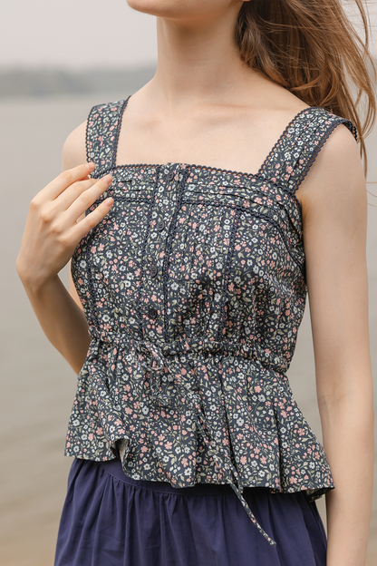 Bloom Pintuck Drawstring Top (Navy)