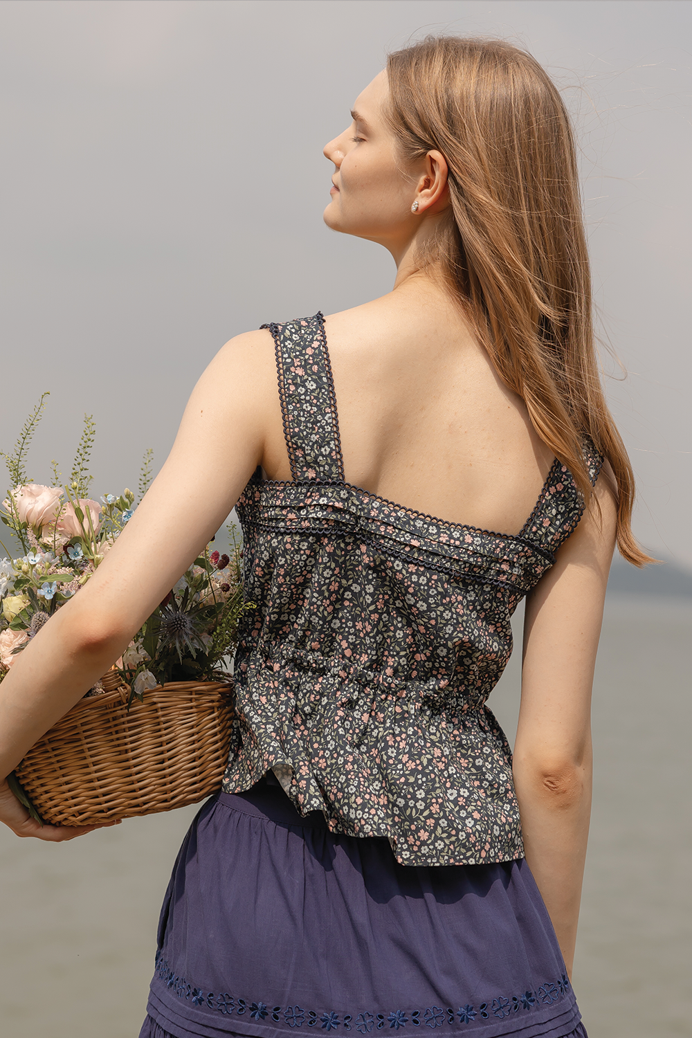 Bloom Pintuck Drawstring Top (Navy)