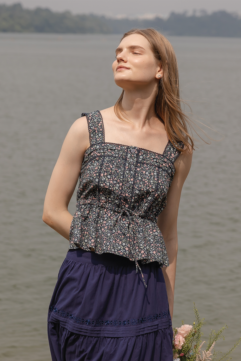 Bloom Pintuck Drawstring Top (Navy)