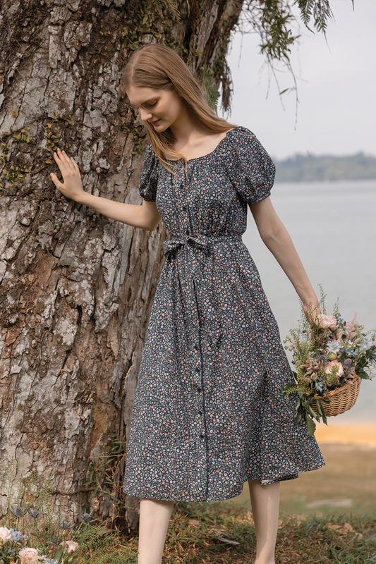 Bloom Puffy Button Down Dress (Navy)