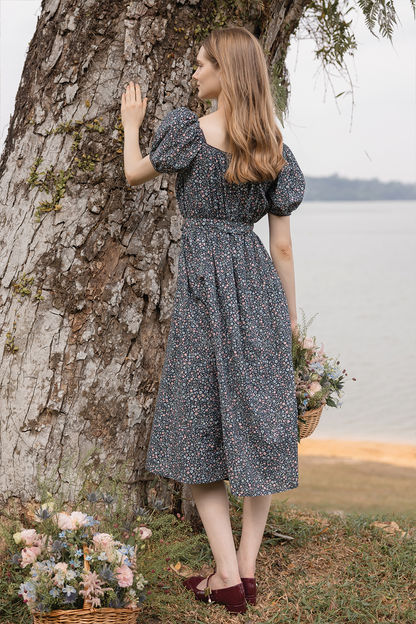 Bloom Puffy Button Down Dress (Navy)