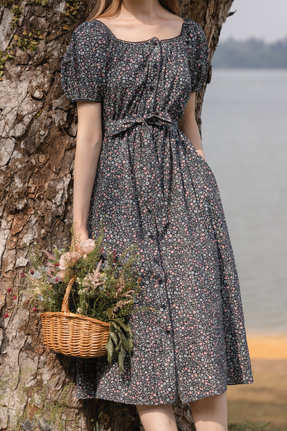 Bloom Puffy Button Down Dress (Navy)