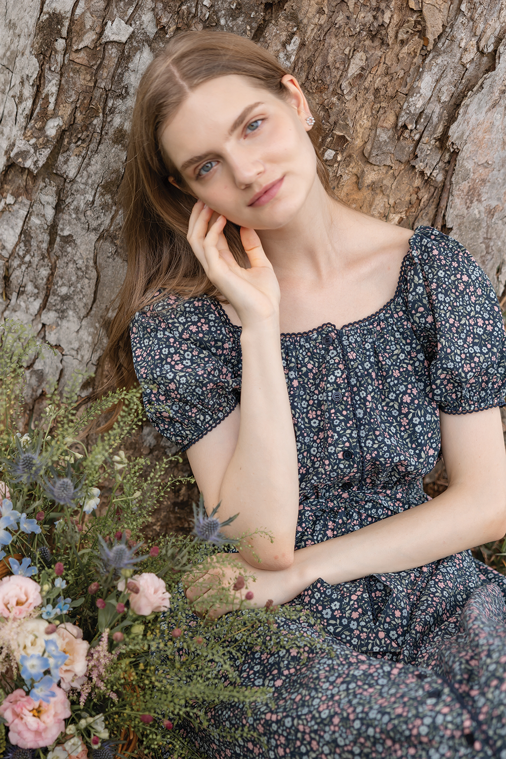 Bloom Puffy Button Down Dress (Navy)