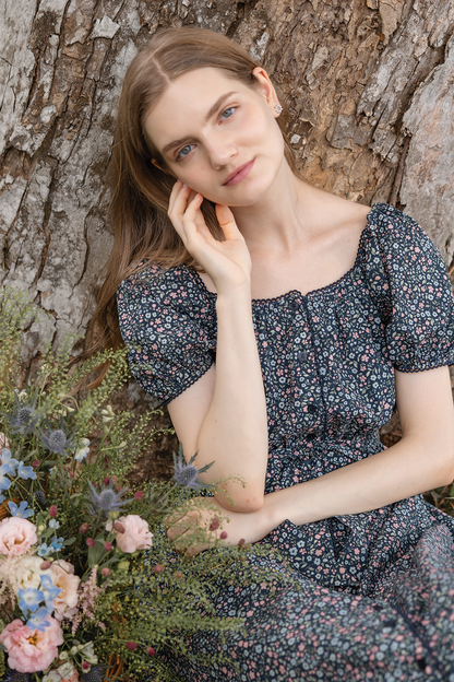 Bloom Puffy Button Down Dress (Navy)