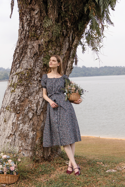 Bloom Puffy Button Down Dress (Navy)