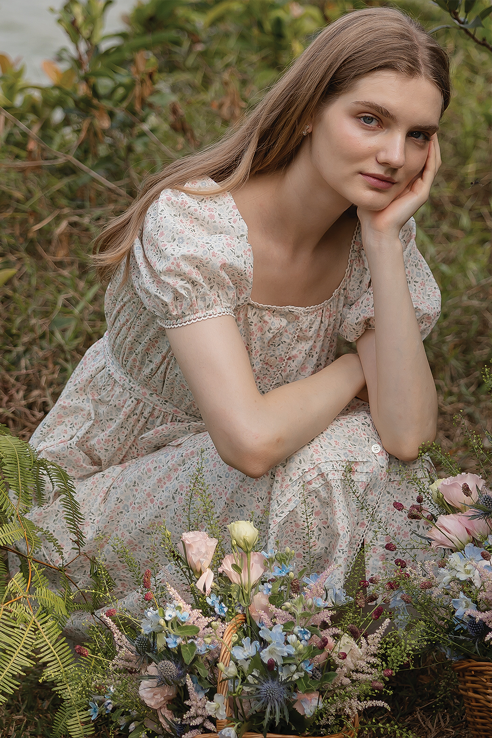 Bloom Puffy Button Down Dress (Ivory)