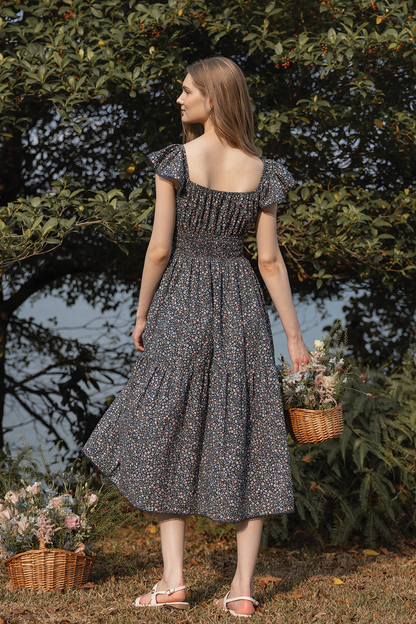 Bloom Flutter Shirred Dress (Navy)