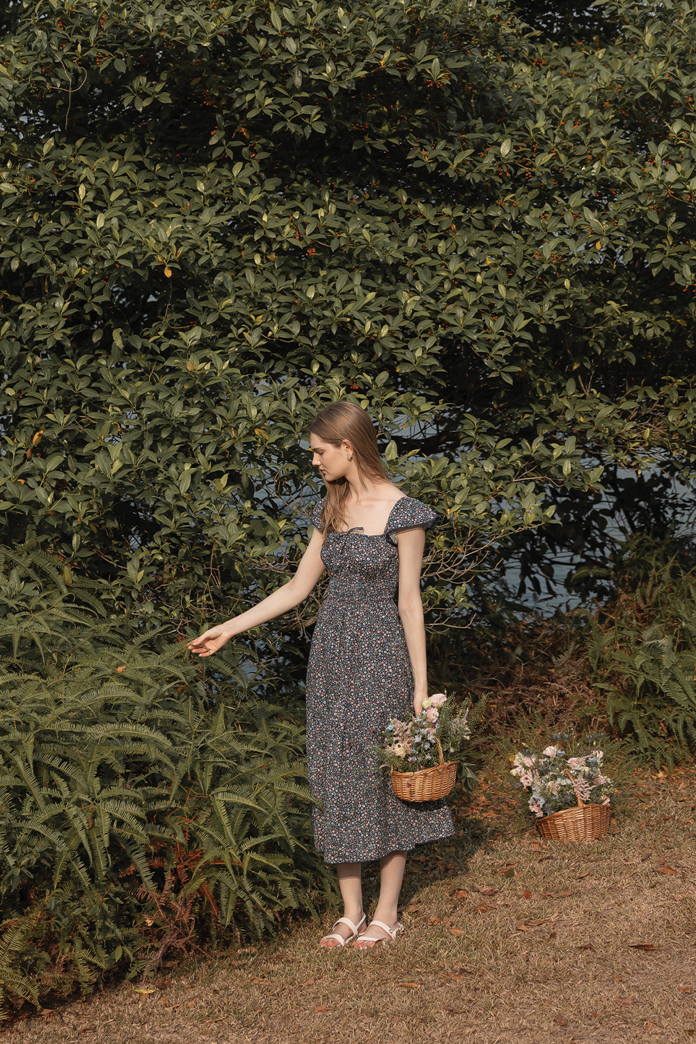 Bloom Flutter Shirred Dress (Navy)