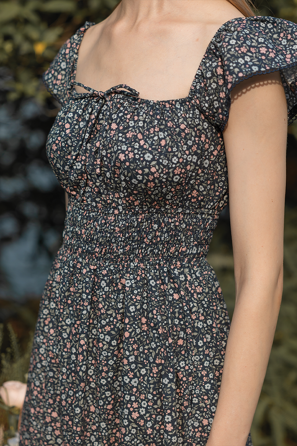 Bloom Flutter Shirred Dress (Navy)
