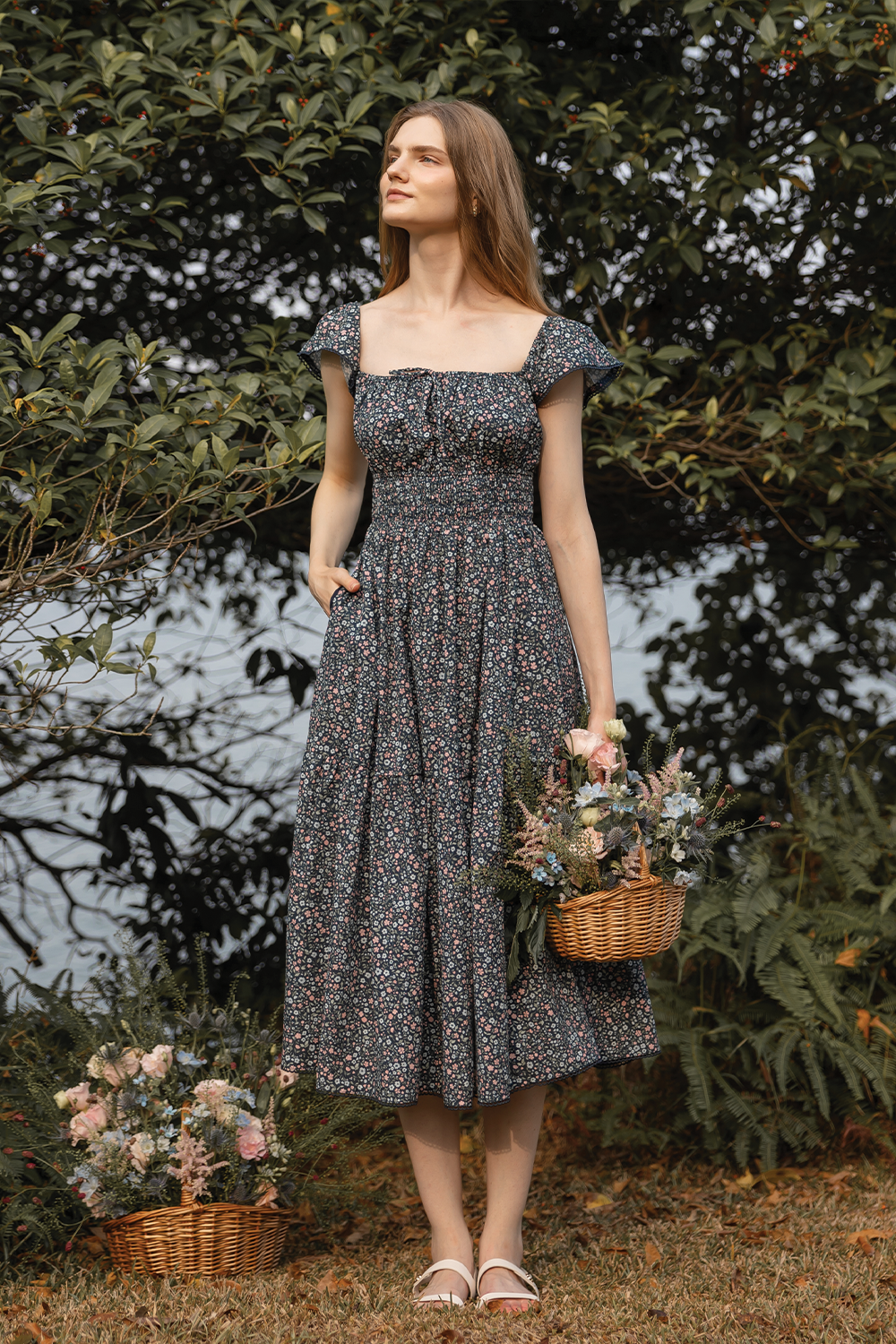 Bloom Flutter Shirred Dress (Navy)