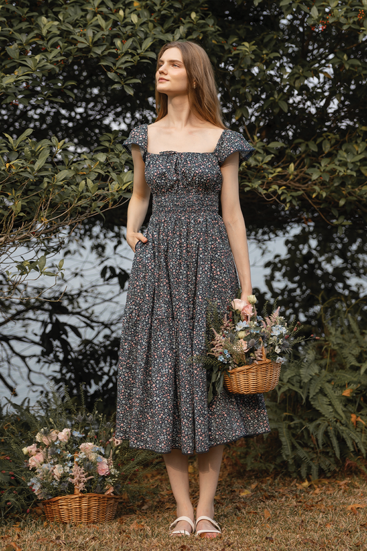 Bloom Flutter Shirred Dress (Navy)