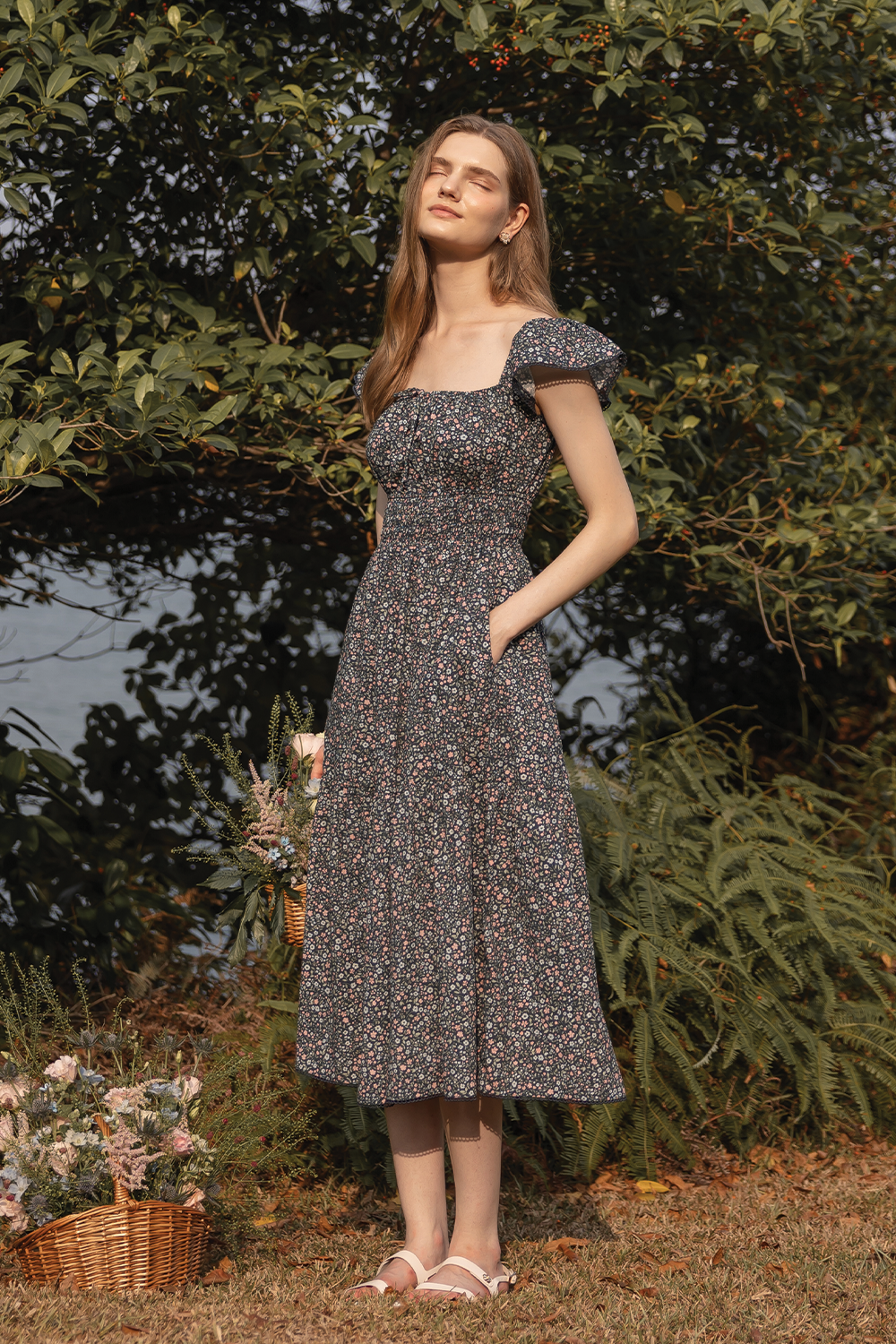 Bloom Flutter Shirred Dress (Navy)