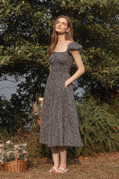 Bloom Flutter Shirred Dress (Navy)