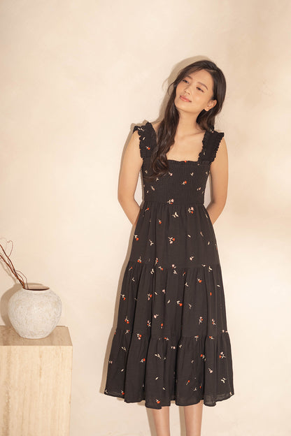 Chérie Shirred Tiered Midi Dress (Black)