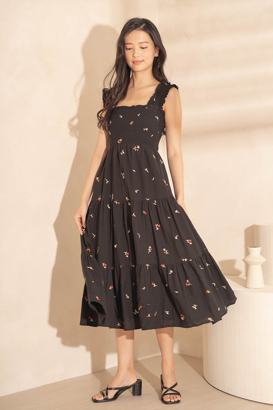 Chérie Shirred Tiered Midi Dress (Black)
