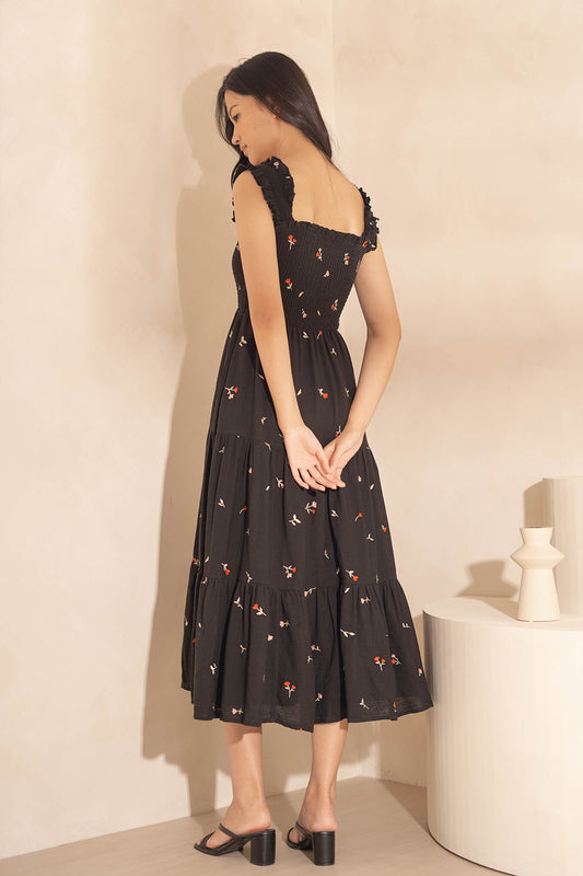 Chérie Shirred Tiered Midi Dress (Black)