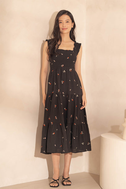 Chérie Shirred Tiered Midi Dress (Black)
