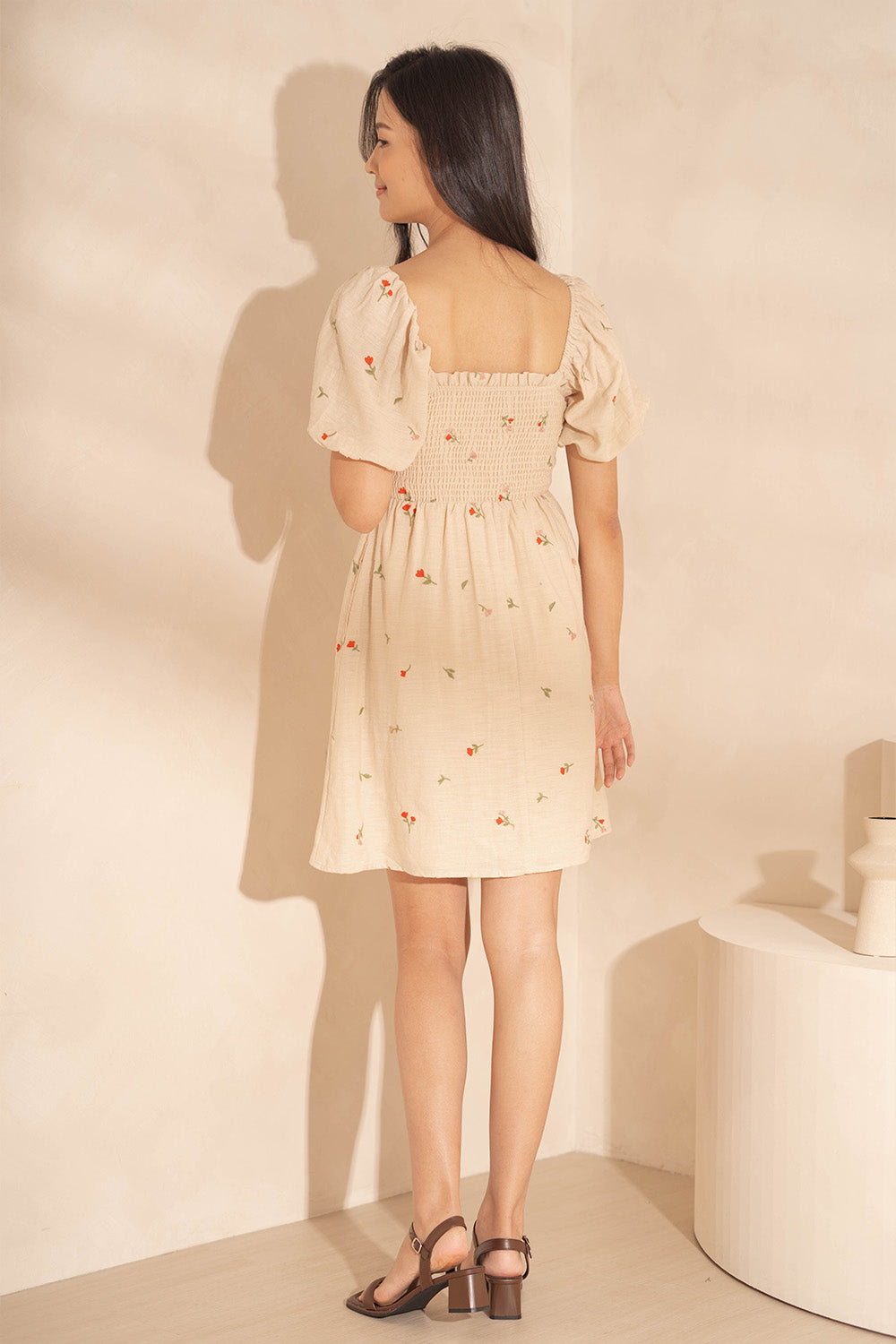 Chérie Shirred Puff Sleeve Dress (Ivory)