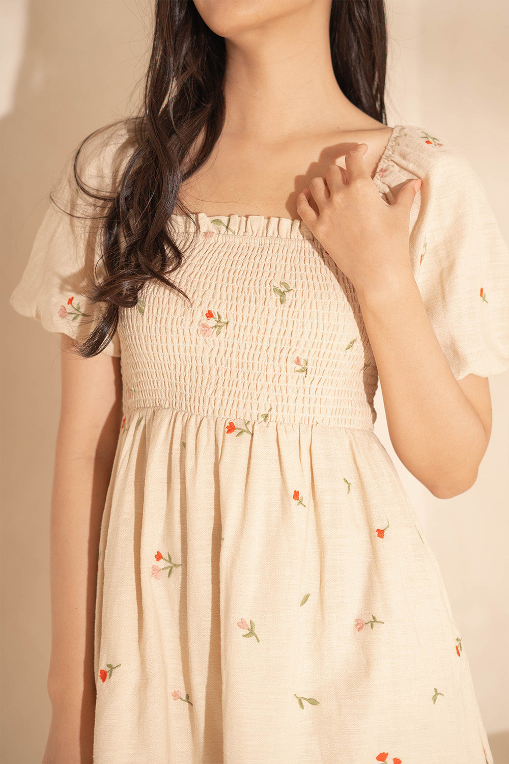 Chérie Shirred Puff Sleeve Dress (Ivory)