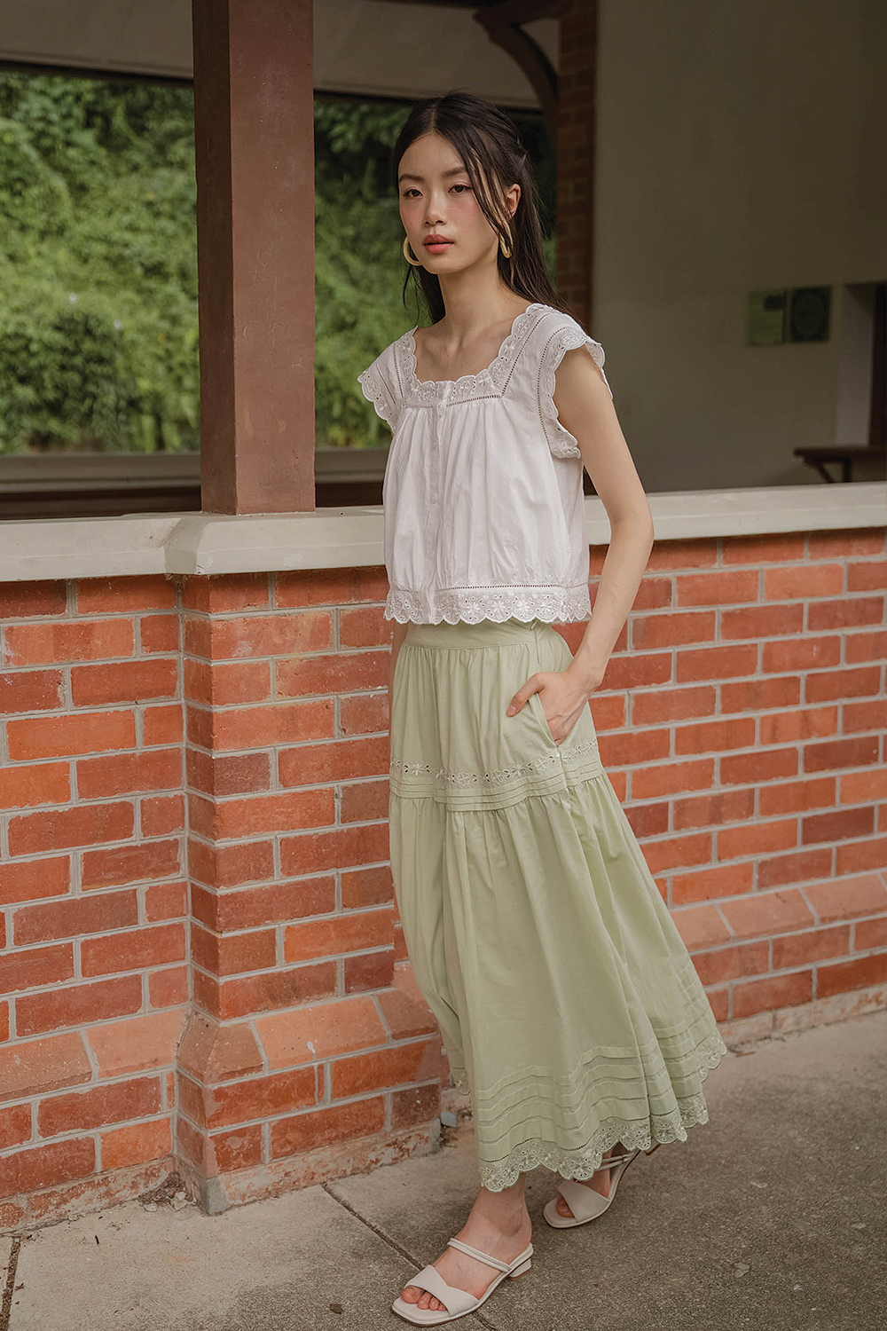 Clover Broderie Maxi Skirt (Sage)