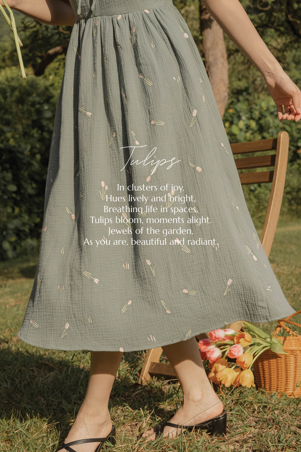 Tulips Embroidery Shirred Flutter Dress (Willow)