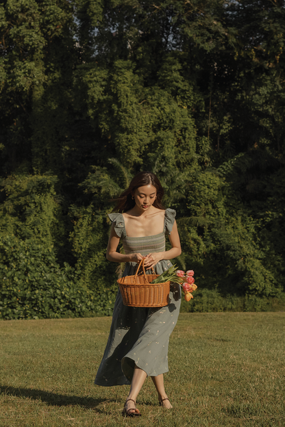 Tulips Embroidery Shirred Flutter Dress (Willow)