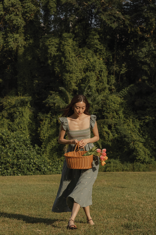 Tulips Embroidery Shirred Flutter Dress (Willow)