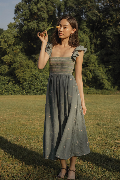 Tulips Embroidery Shirred Flutter Dress (Willow)