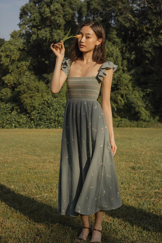 Tulips Embroidery Shirred Flutter Dress (Willow)