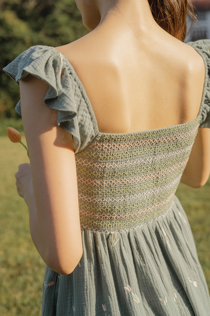 Tulips Embroidery Shirred Flutter Dress (Willow)