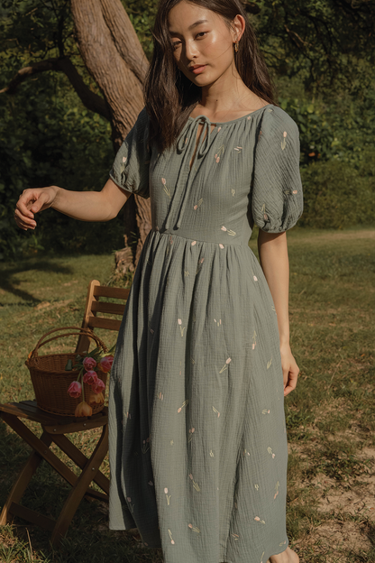 Tulips Embroidery Knotted Dress (Willow)