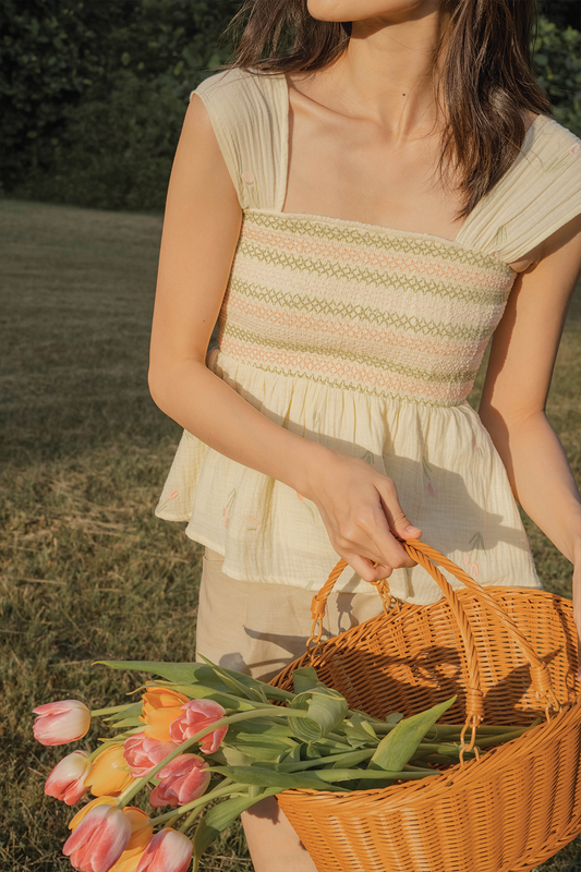 Tulips Embroidery Shirred Top (Daylight)