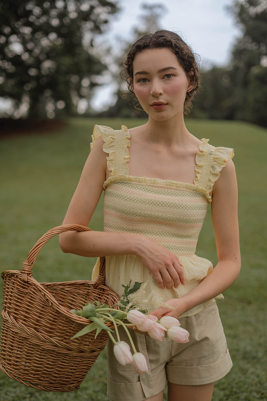 Tulips Embroidery Shirred Flutter Top (Daylight)