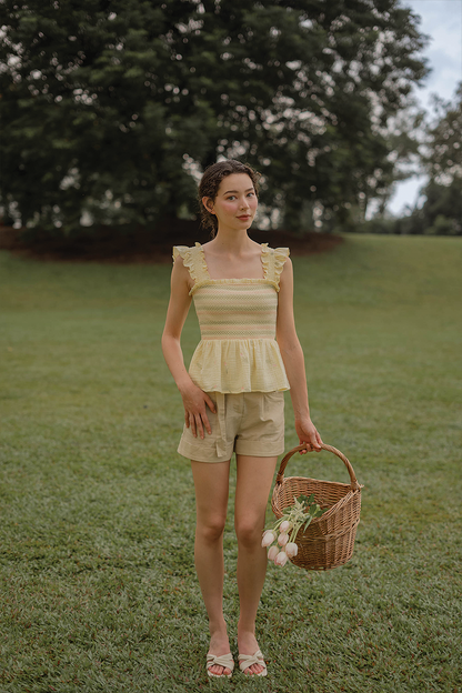 Tulips Embroidery Shirred Flutter Top (Daylight)