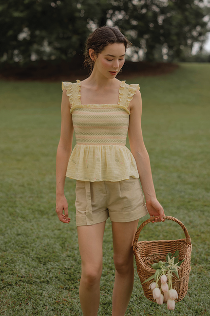 Tulips Embroidery Shirred Flutter Top (Daylight)
