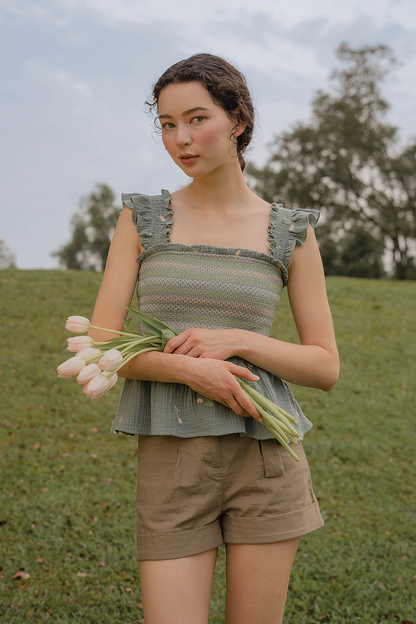 Tulips Embroidery Shirred Flutter Top (Willow)