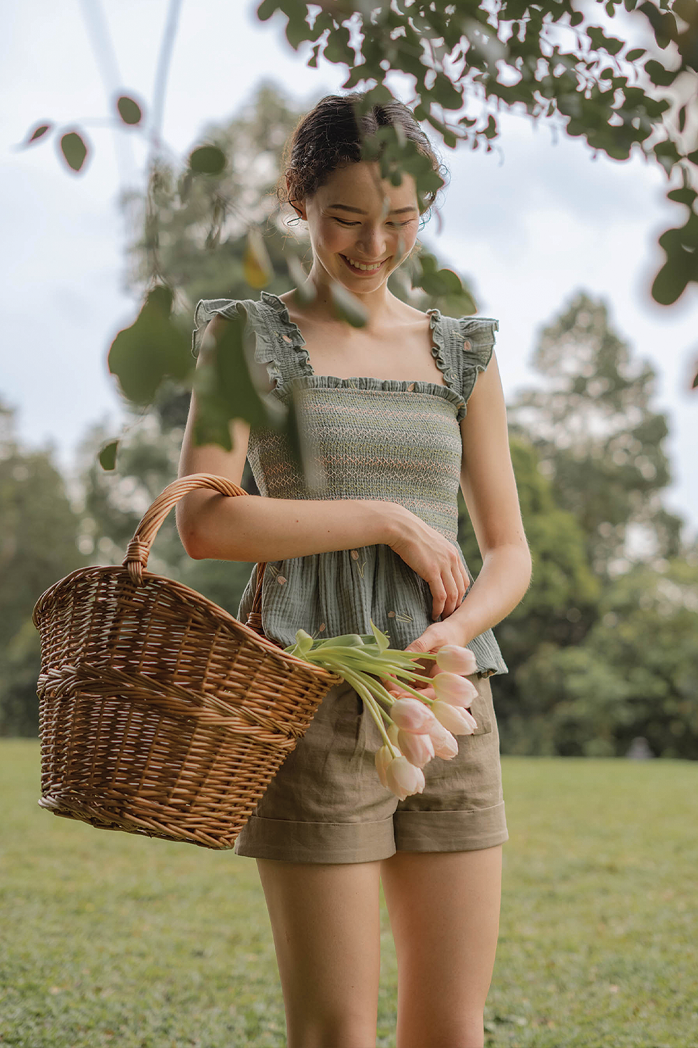 Tulips Embroidery Shirred Flutter Top (Willow)